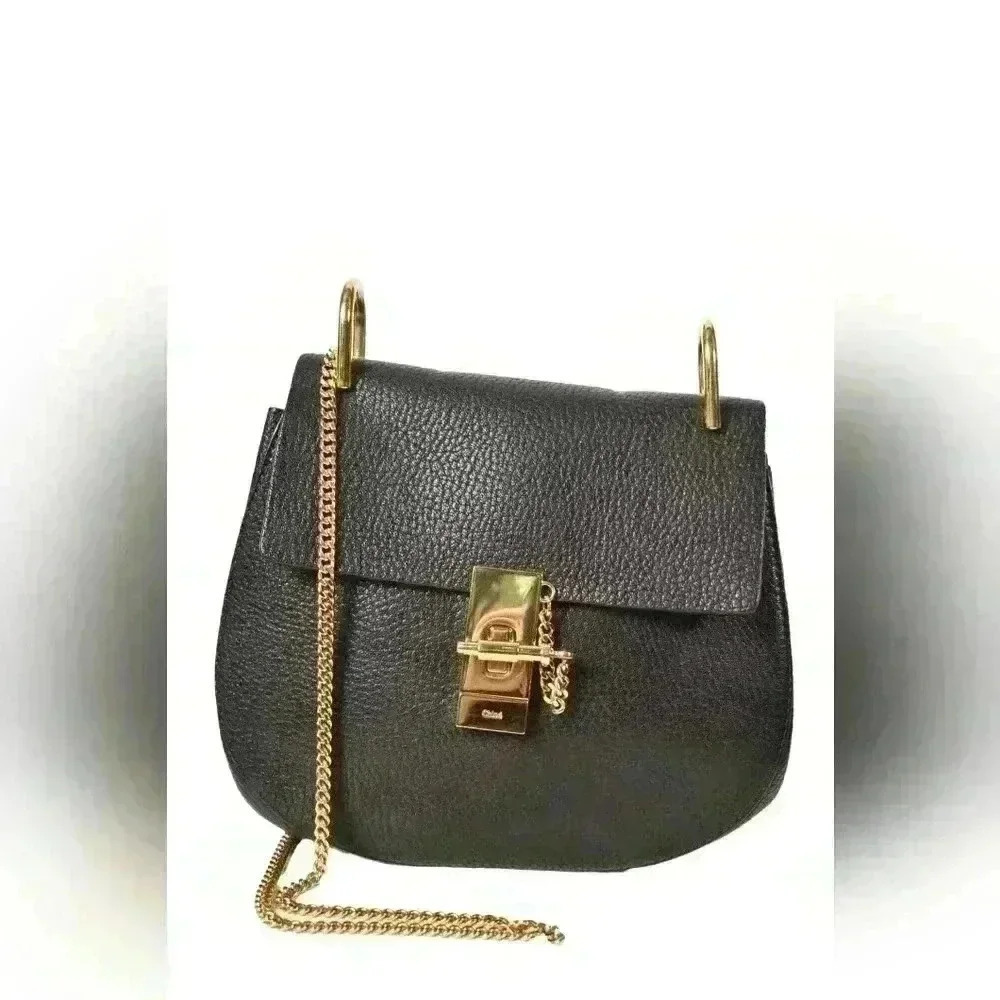 2019 CHLOE Black Pebbled  Calfskin Leather Medium Drew Bag Gold Hardware Italy